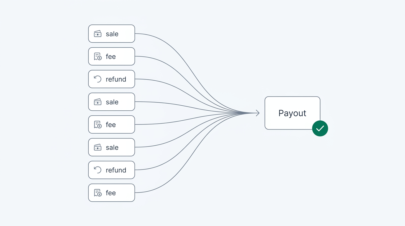Conciliación de Stripe en Aikount: decenas de cobros, comisiones y reembolsos se cuadran automáticamente con un único payout del banco