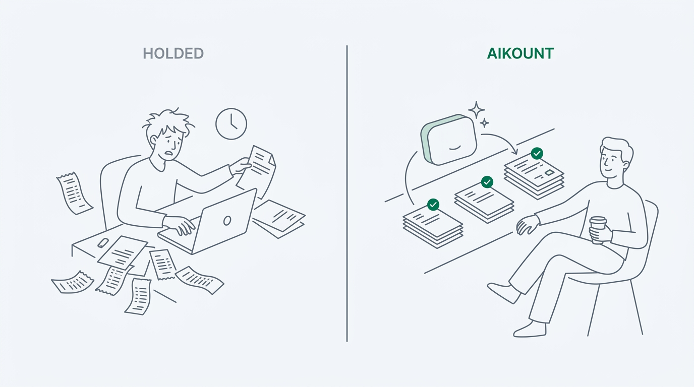 Holded frente a Aikount: con Holded un autónomo introduce y concilia las facturas a mano, mientras que Aikount automatiza la contabilidad con un agente de IA