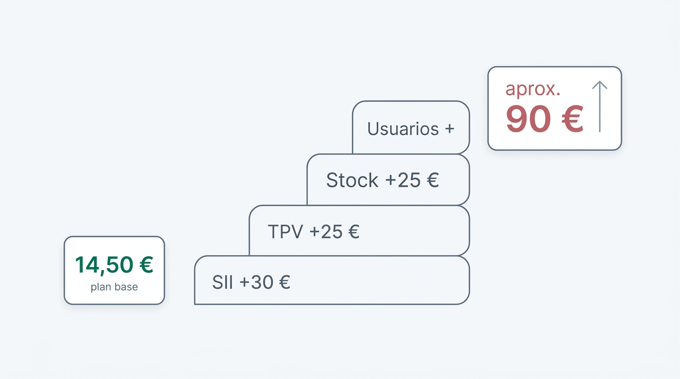 Precio real de Holded: el plan base de 14,50 € al mes se dispara hasta unos 90 € al sumar módulos de pago como SII, TPV, control de stock y usuarios extra