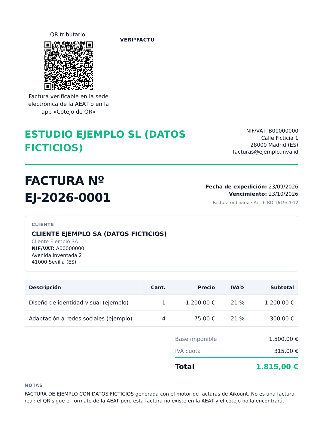 Factura de ejemplo con datos ficticios generada por Aikount, con el QR tributario y la leyenda VERI*FACTU arriba a la izquierda